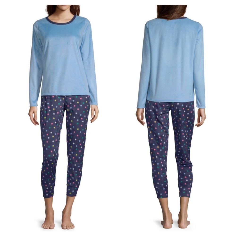 Womens Fleece 2 Pc Pajama Set Blue Polka Dots